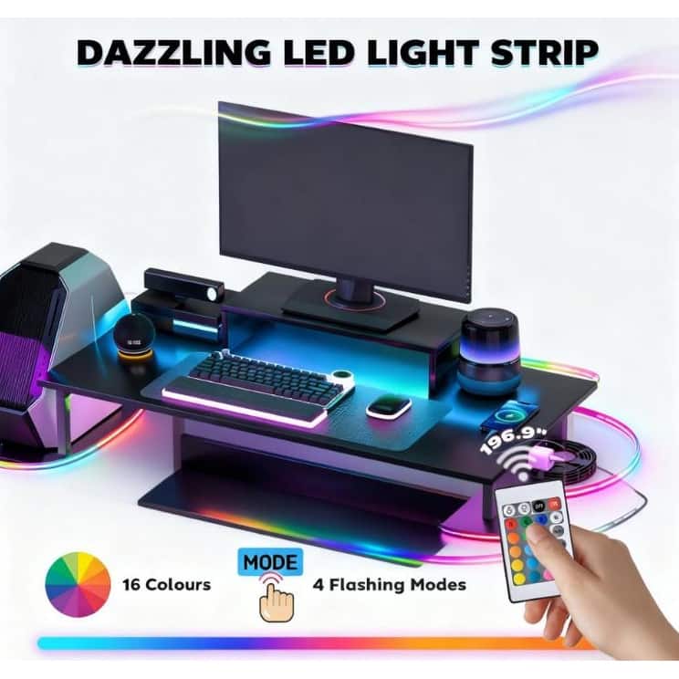 Gaming Desk with Storage and LED Lights, Computer Desk with Power Outlets USB C and Monitor Shelf for Home Office