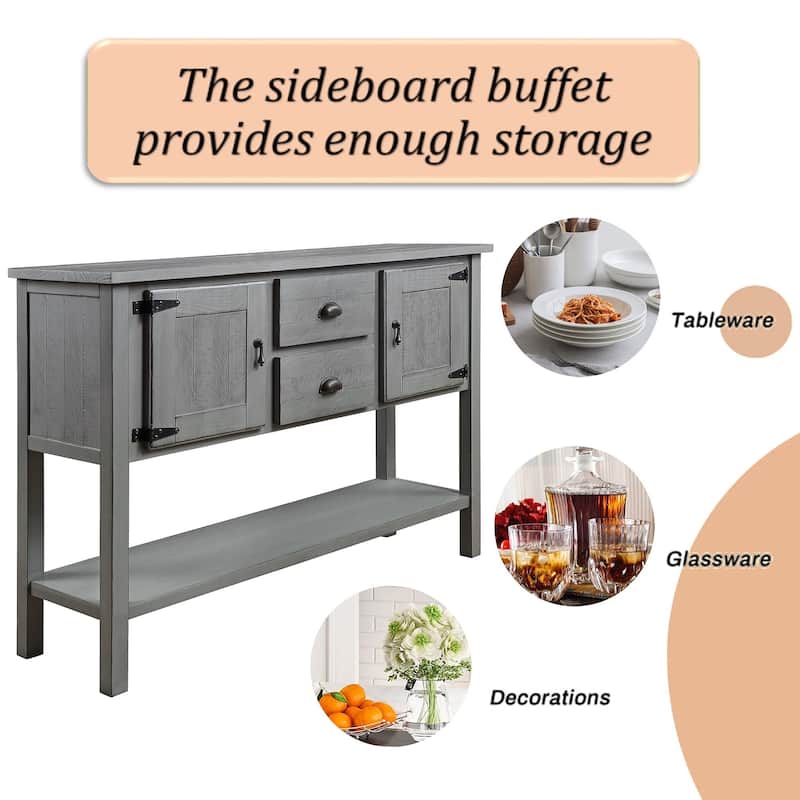Solid Wood Sideboard Console Buffet with 2 Drawers and Cabinets and Bottom Shelf