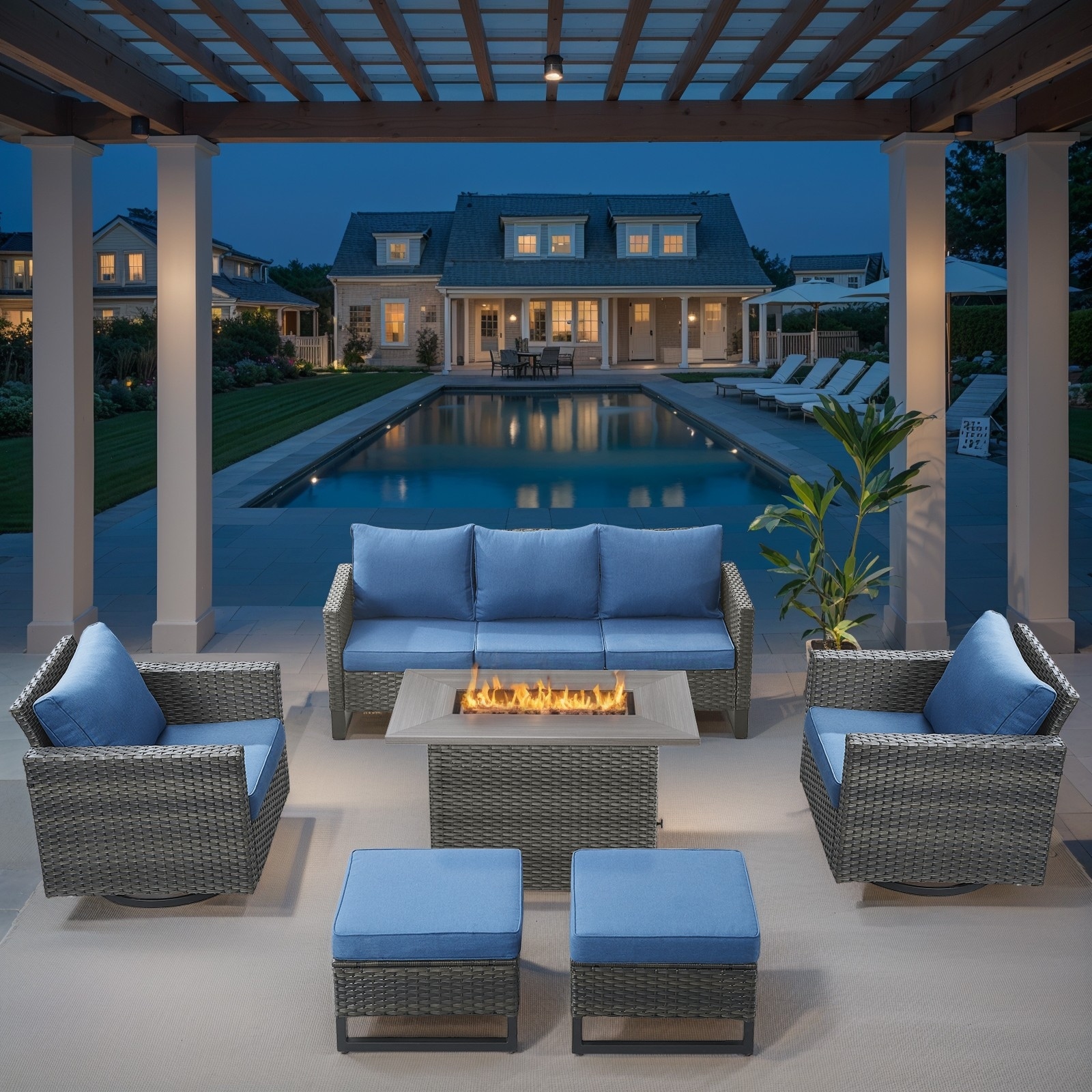 Outdoor Sofa with Swivel Chair Ottomans & Fire Pit Table - Blue cushion - Grey
