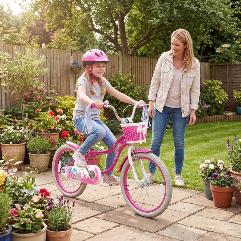 Gymax 20'' Girls Bike w/Removable Basket Streamers Hand Brake & - Rose Red