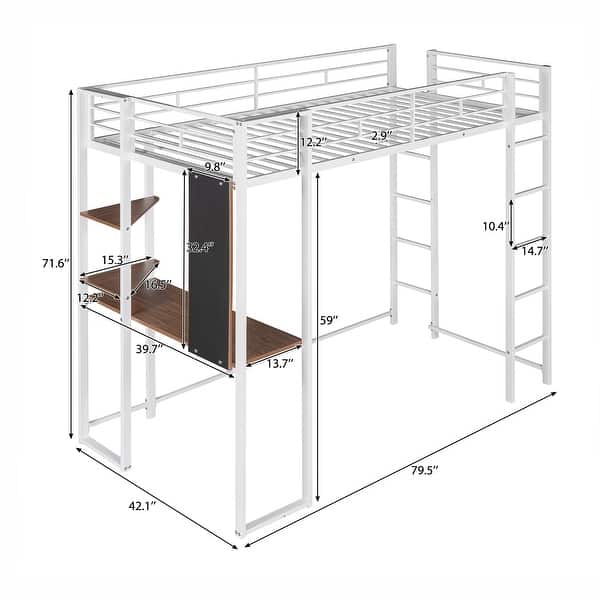White Twin Size Metal Loft Bed with Ladder, Fence, 2 Shelves and Desk for Bedroom