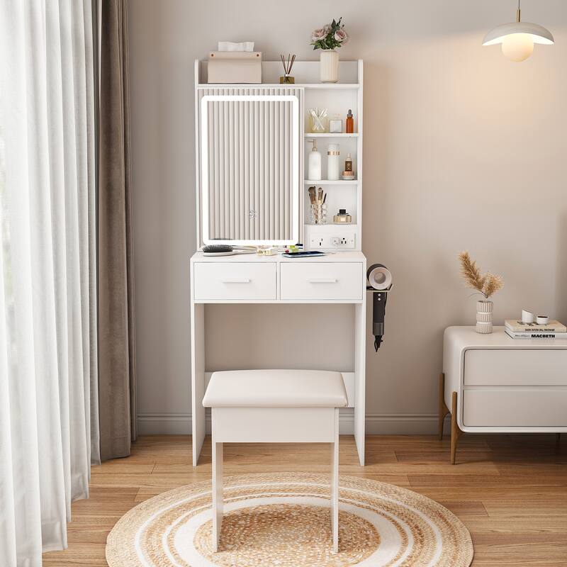 Small Makeup Vanity Desk with Mirror & LED Lights,Built-in Power Outlet & Hidden Storage,Includes Padded stool & Shelf - White