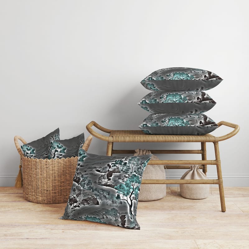 Leaf Magic Stories Faux Suede Reversible Throw Pillow Grey and Turquoise