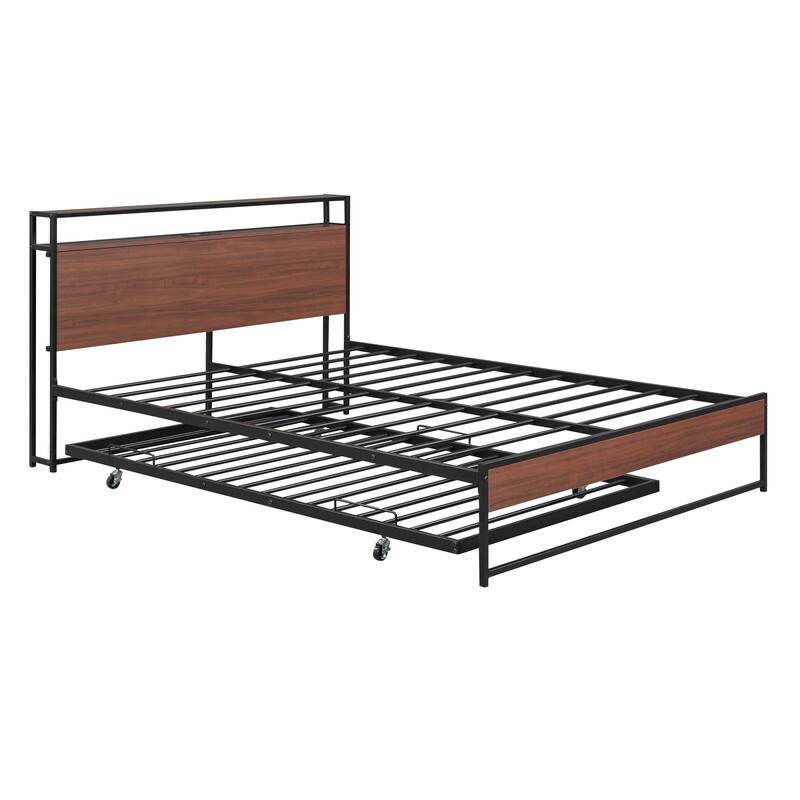 Queen Size Metal Platform Bed with Trundle,USB Ports,No Box Spring Needed