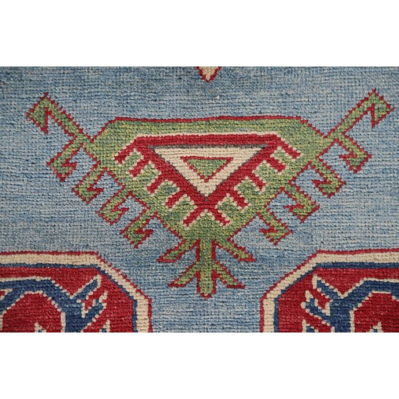 Hand Knotted Oriental 100% Wool Carpet Traditional Geometric Navy Blue & Blues Kazak Area Rug - 9' 8'' X 6' 6''