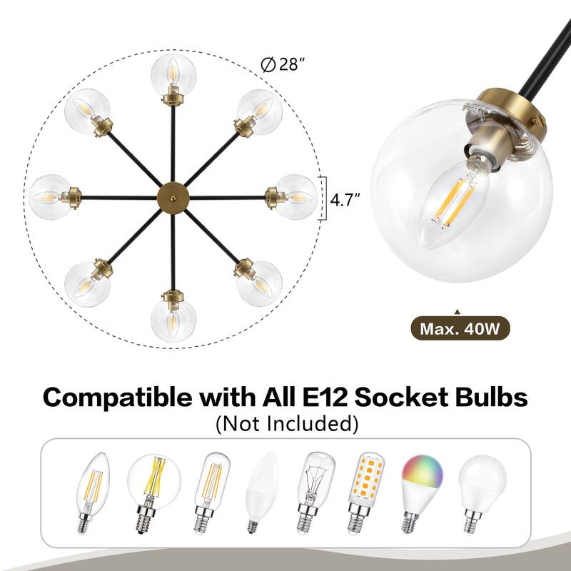 WINGBO 8-Light Modern Chandelier, Sputnik Pedant Light Fixture with Large Clear Glass Globe Shade - N/A