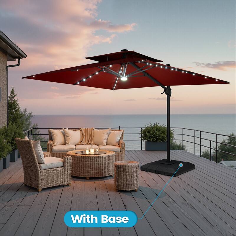 9 x 11 FT Outdoor LED Lighted Patio Cantilever Umbrella with 4-Piece Fillable Weighted Base