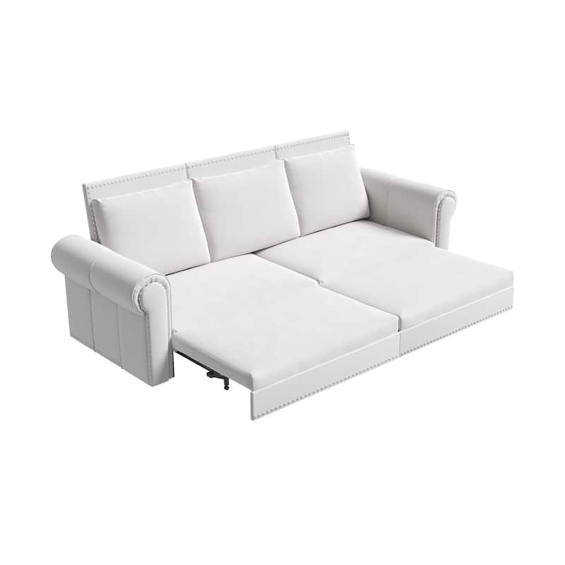 93.7" King Pull Out Sofa Bed w/ Nailhead Trim & Rolled Arm for Living Room Bedroom - White