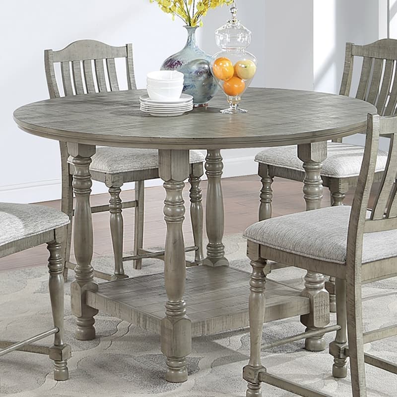 Round Wooden Counter Height Table with 1 Shelf in Light Grey - Light Grey