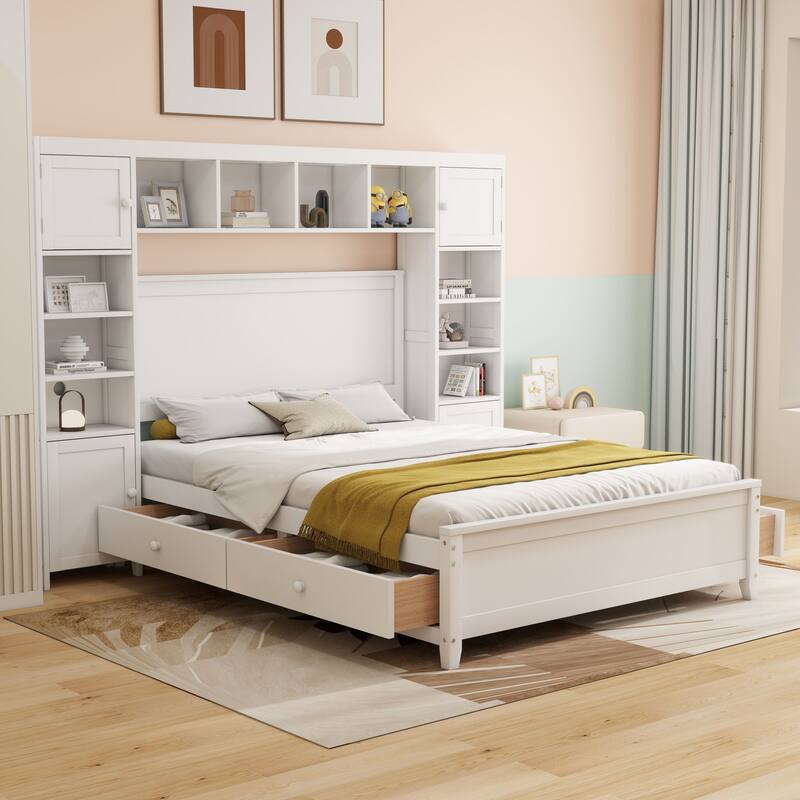 Modern Platform Bed with Integrated Cabinet, Trundle Bed and Drawers