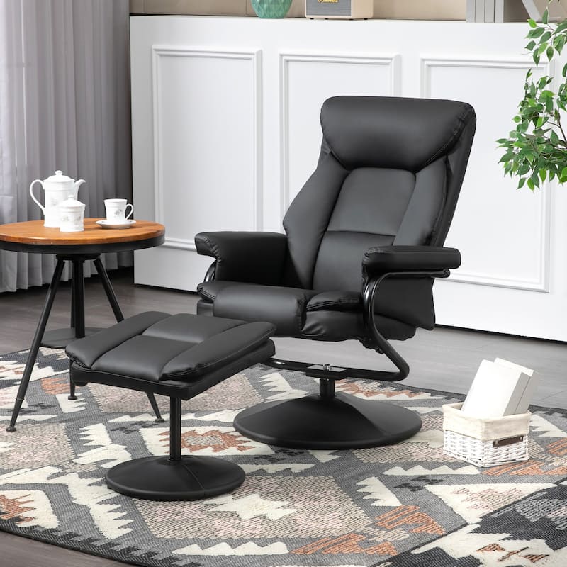 Black PU Leather Swivel Recliner Chair with Ottoman and Padded Armrests - 29.25" W x 33.5" D x 39.75" H - Black