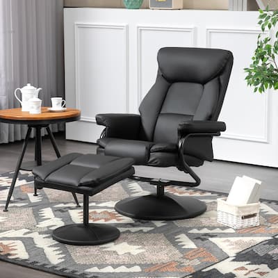 Black PU Leather Swivel Recliner Chair with Ottoman and Padded Armrests - 29.25" W x 33.5" D x 39.75" H
