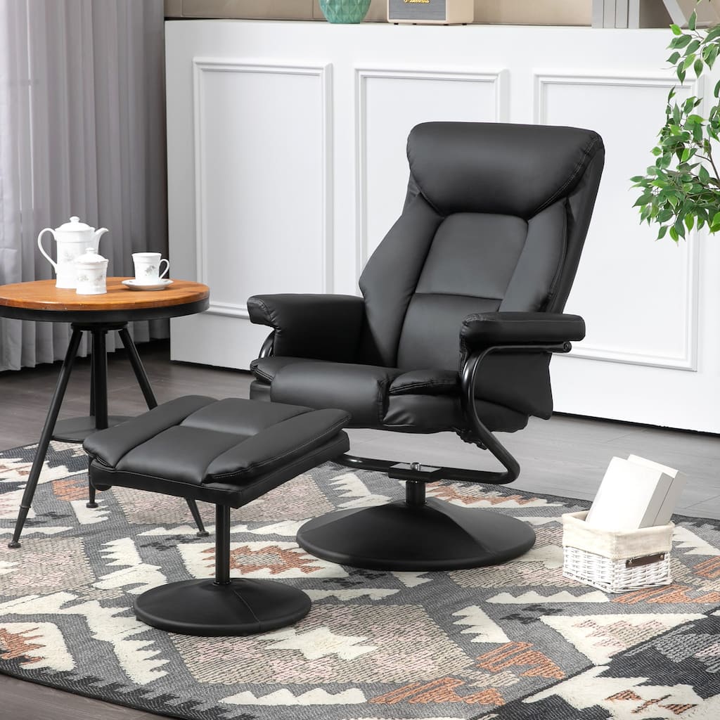Black PU Leather Swivel Recliner Chair with Ottoman and Padded Armrests - 29.25" W x 33.5" D x 39.75" H