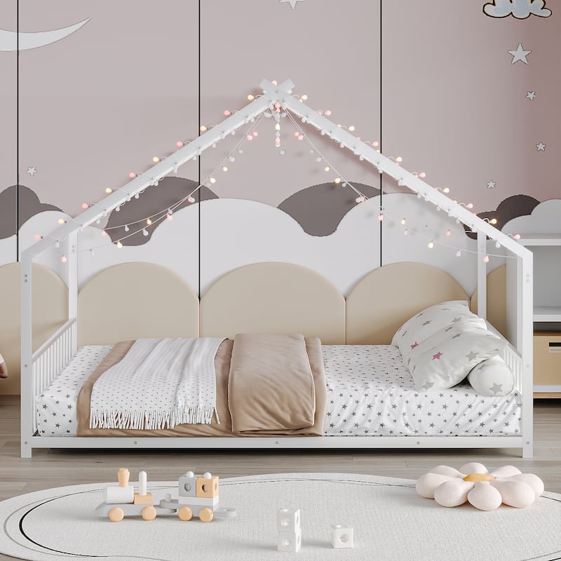 House-shaped Bed Frame, Toddler Kid Iron Floor Bed with House Roof Frame and LED Light Strips, House Daybed - White - Full