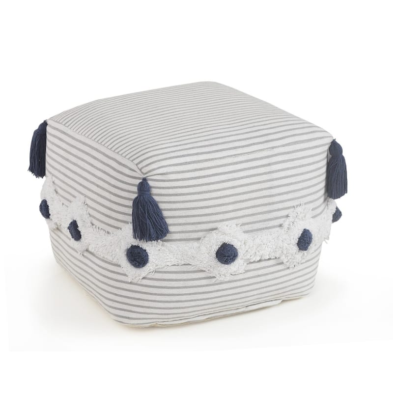 18 Inch Grey Pouf Ottoman Cotton Upholstery Striped Accent Seat - Grey-Blue