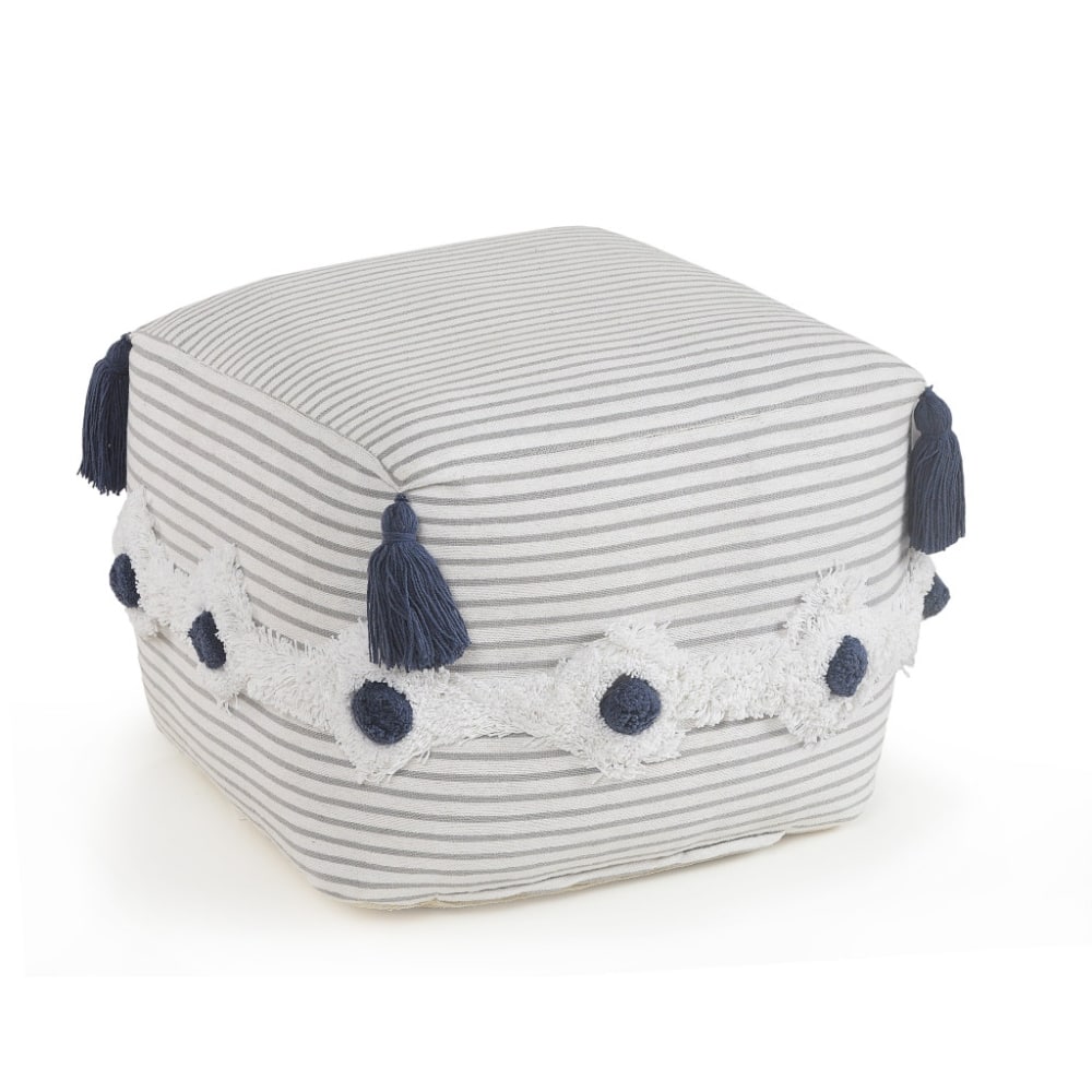 18 Inch Grey Pouf Ottoman Cotton Upholstery Striped Accent Seat