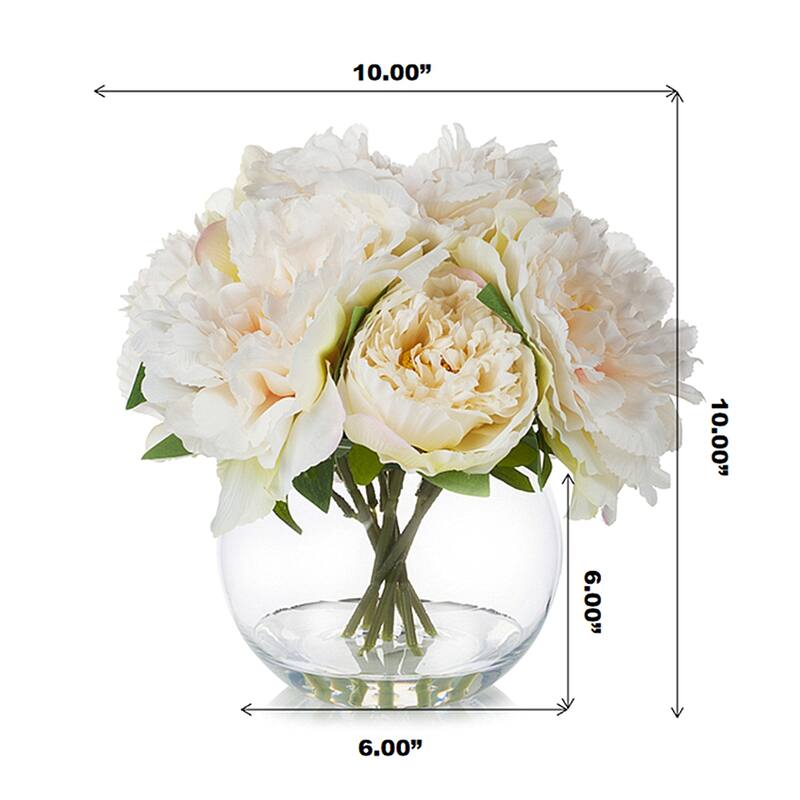 Enova Home Artificial Silk Peony Fake Flowers Arrangement in Round Glass Vase with Faux Water - 10"H x 10"W