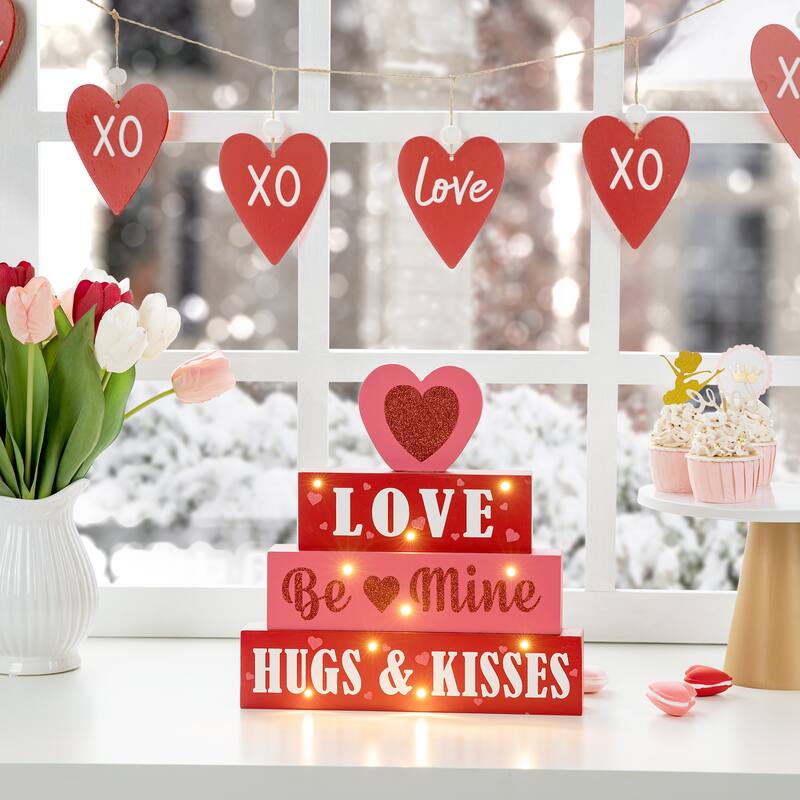 Glitzhome Valentines LED Wooden Block Love Table Decor