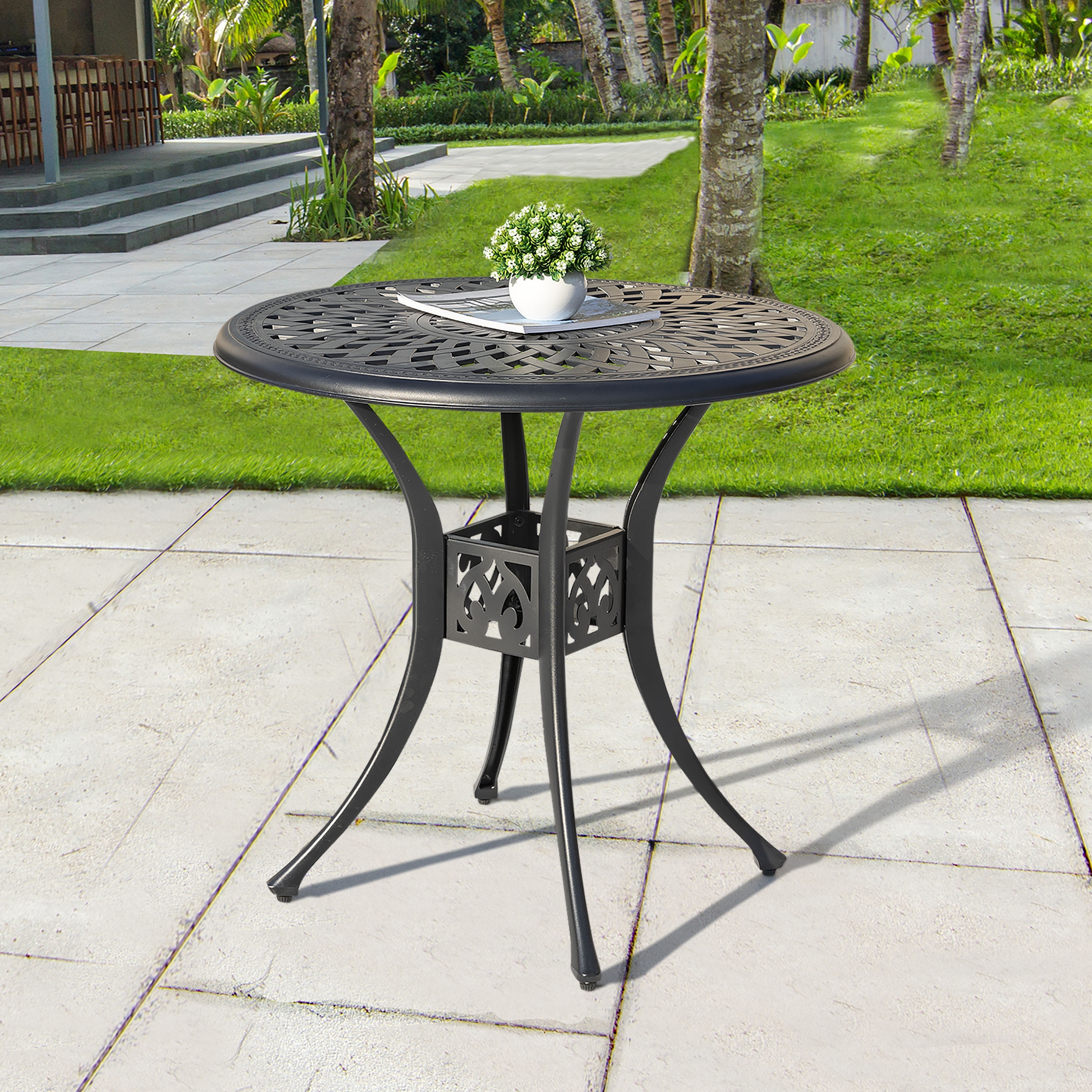 Nuu Garden Outdoor 31'' Round Cast Aluminum Bistro Table with Umbrella Hole - 31'' Round