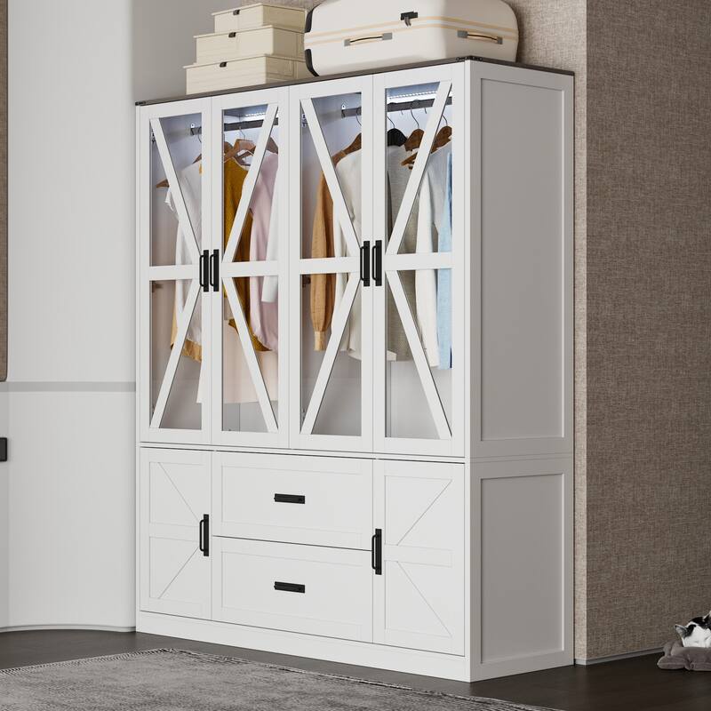 Wardrobe Closet with Glass Doors, 6 Cabinets, 2 Drawers & LED Hanging Rods Bedroom Armoire Storage Organizer