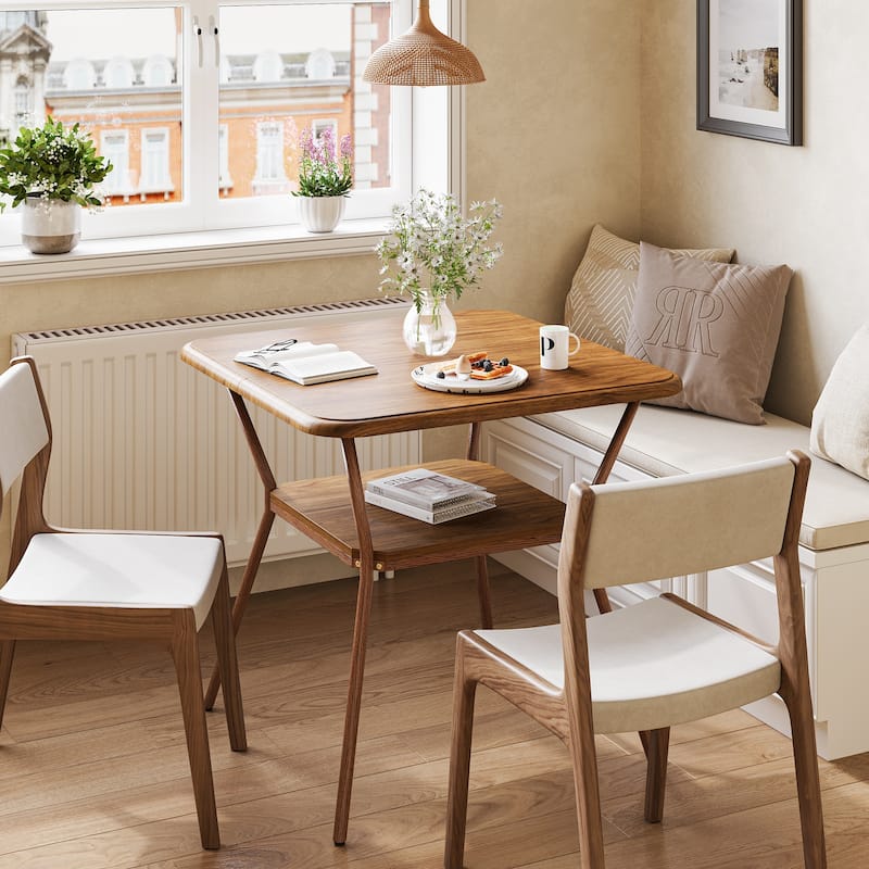 31.5" Square Dining Table for 2-4, Mid-Century Modern, 2-Tier Design