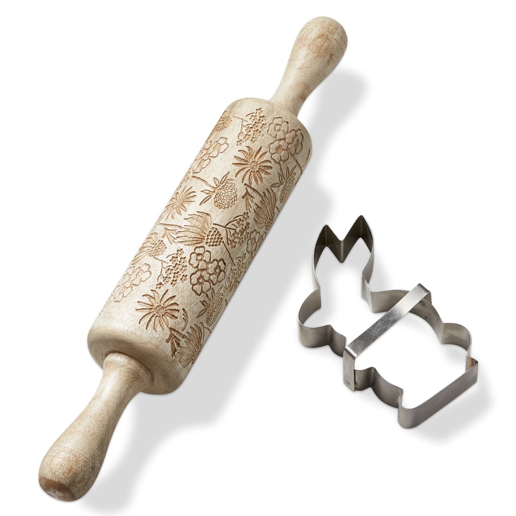 Wildflower Embossed Rolling Pins Set of 2 - Bunny Design, Natural Wood Kitchen Accessories for Easter, Hand Wash Only