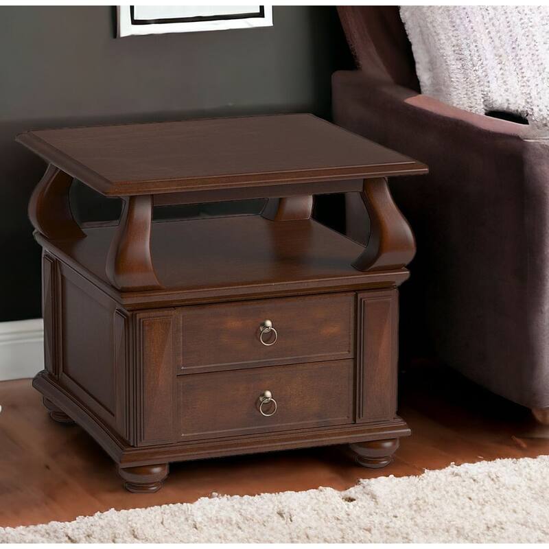 26" Versatile Solid Wood End Table with 2 Drawers and Open Shelf Brown Walnut Finish for Living Room - 28”L x 26”W x 26”H