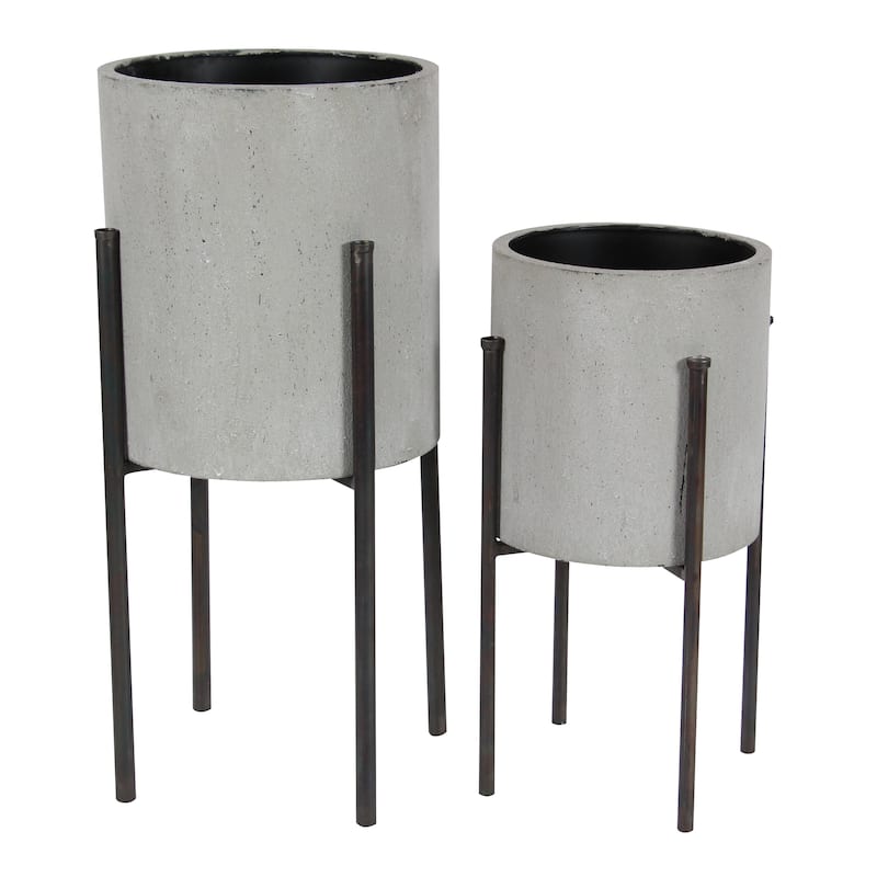 Light Grey or Dark Grey Iron Cylinder Modern Planter Set (Set of 2) - S/2 19", 23"H