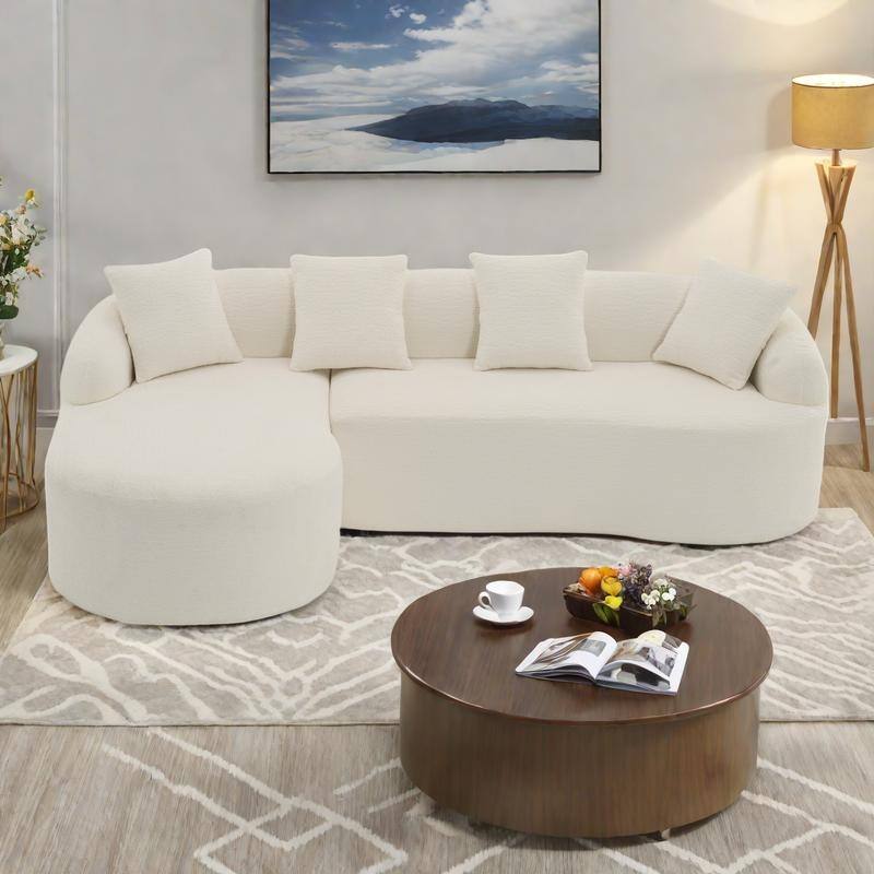 98.4" Chenille L-Shaped 3-Seater Sofa with Chaise Lounge and 4 Pillows - White