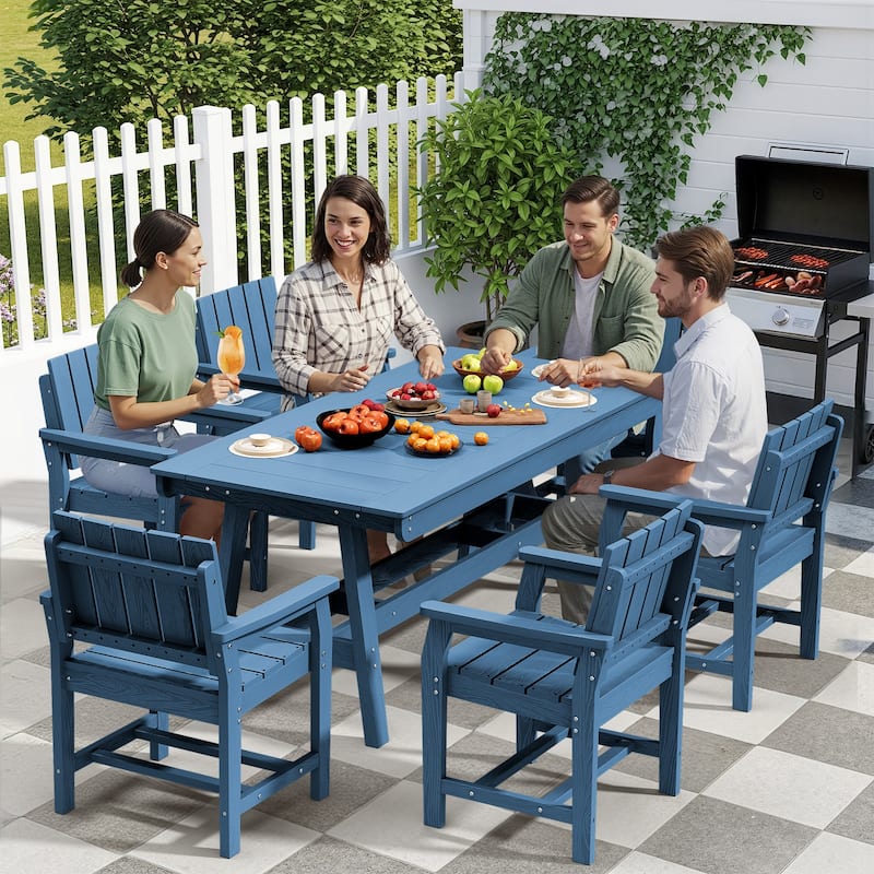 7-Piece HDPE Outdoor & Indoor Dining Set, Rectangular 67.91in W Table with Umbrella Hole and 6 Chairs Set of 7, Wood-Look Finish