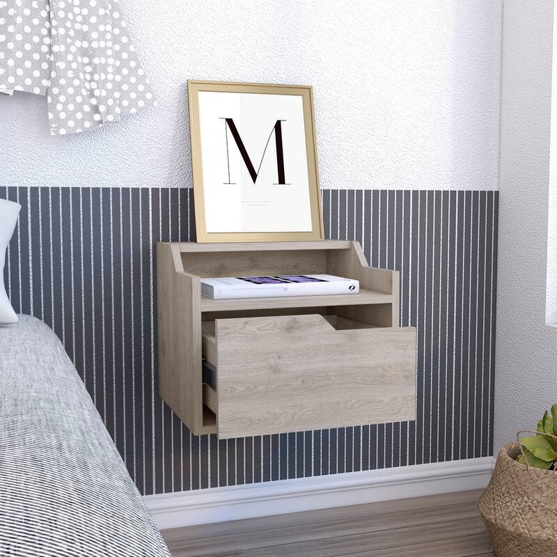 Modern Floating Nightstand with Single Drawer and Two-Tiered Shelf - Light Grey