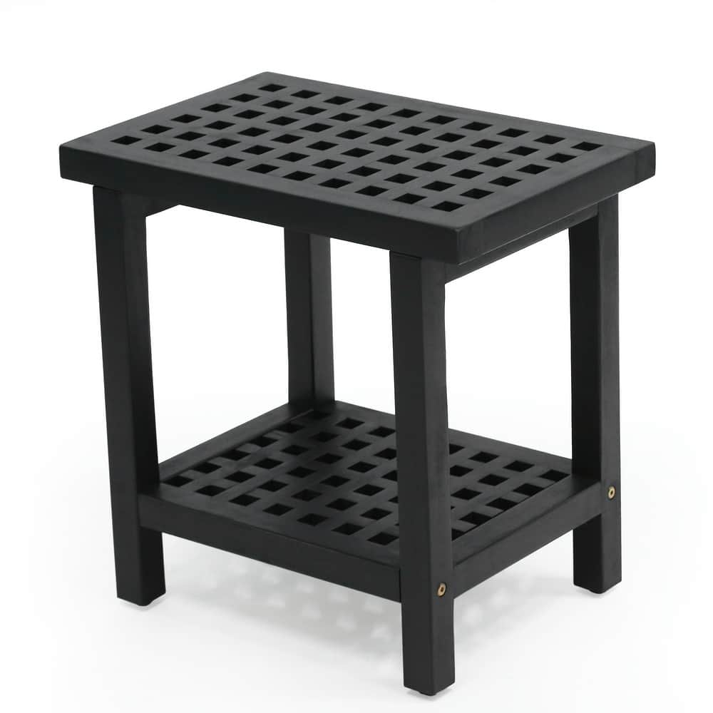 JONATHAN Y Armin 18.1" Classic Grid Slat Solid Acacia Wood Indoor/Outdoor Shower Stool - 18.1L x 11.81W x 17.72H