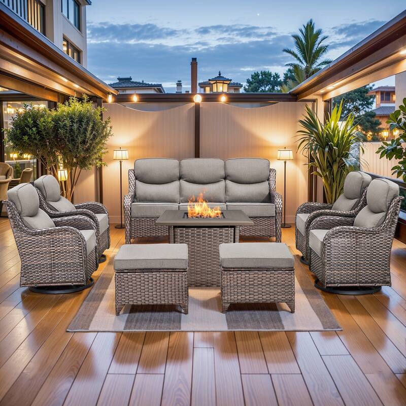 Pocassy Outdoor 6" Sofa Swivel Chair Ottoman with Fire Pit Table - Brown Wicker Gray Cushion - 8 Pieces Sofa Chair Ottoman w/ Fire Table
