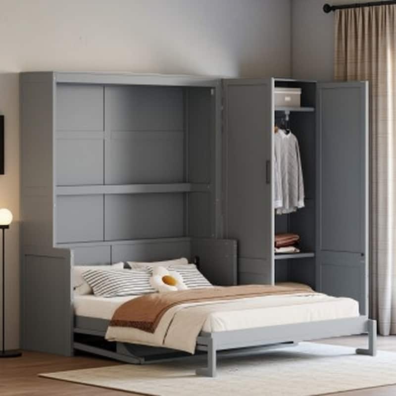 Queen Space-Saving Wall-Mounted Murphy Bed with Built-In Wardrobe and Hydraulic Lift, Side-Folding Design in Modern - Gray