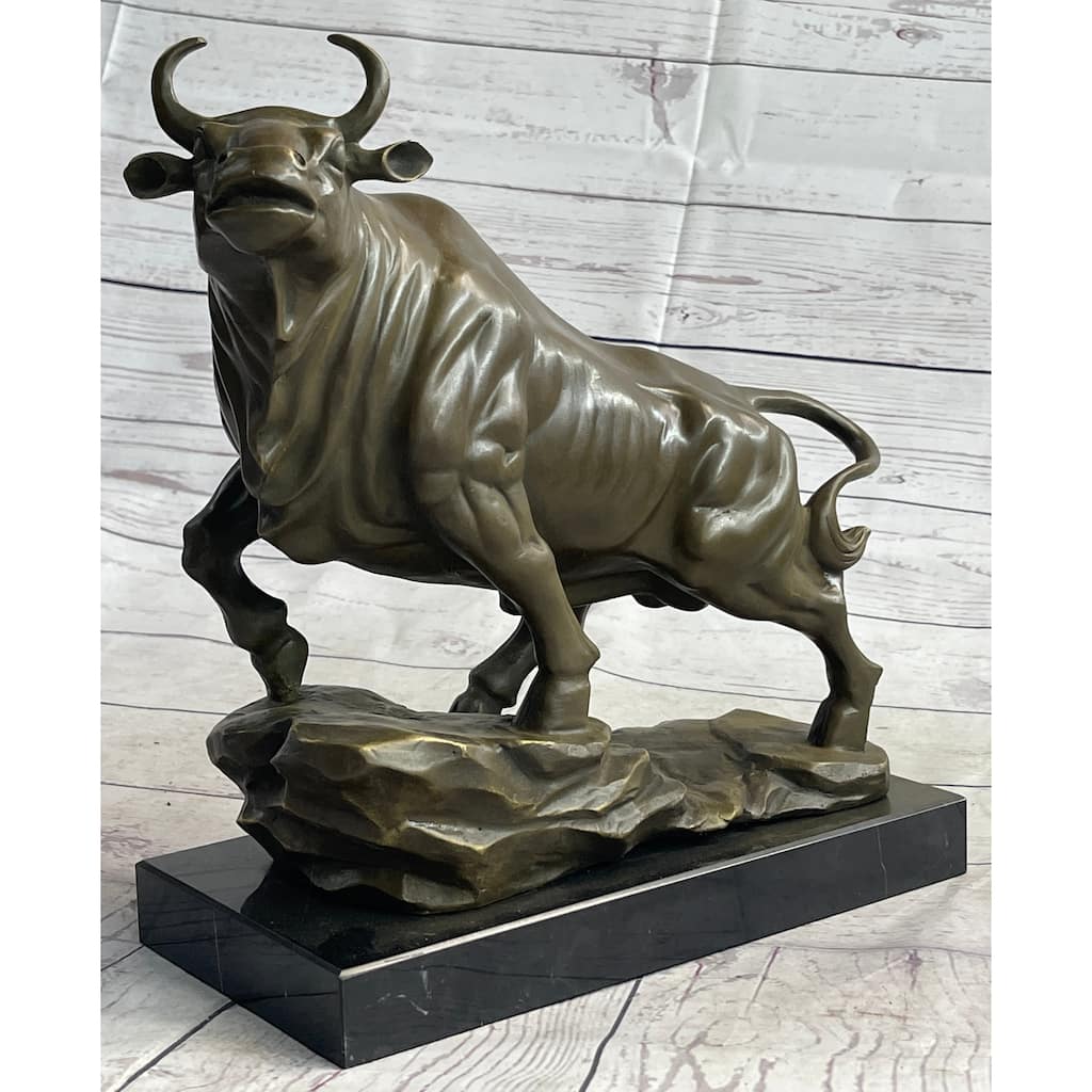 Upward Facing Imitative Bull Bronze Sculpture Statue Marble Base Original Art 12 Inches X 16 Inches