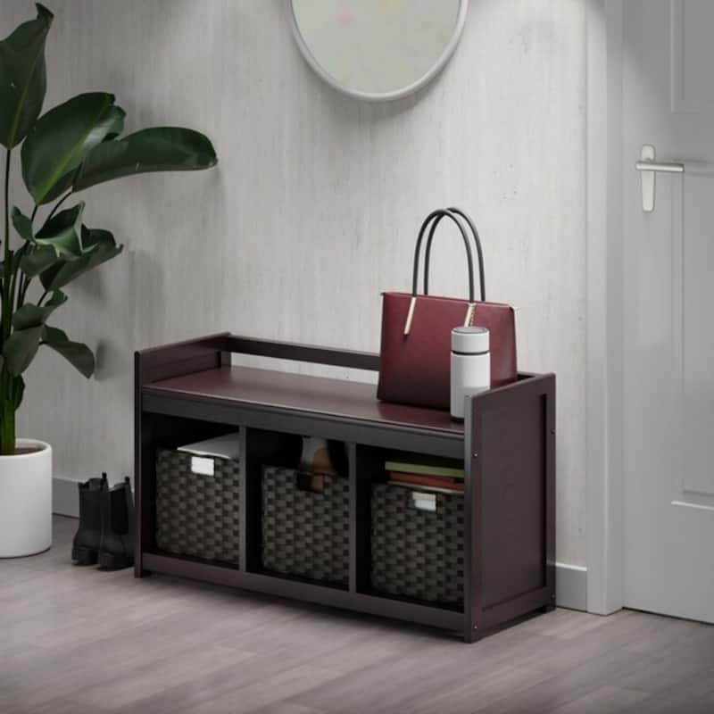 4 Pc Storage Bench 3 Foldable Woven Baskets 37.5" Espresso Chocolate