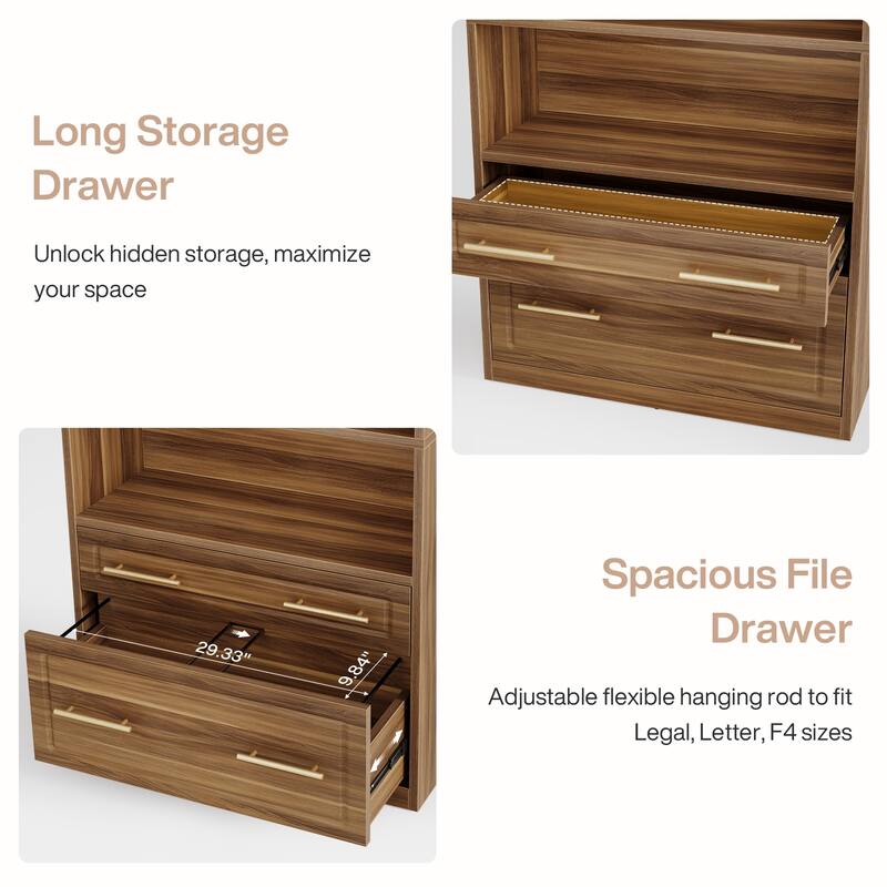 76.8" Tall Arched Bookcase, 5-Tier Modern Bookshelf with File Cabinet Drawer