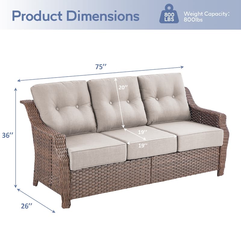 Outdoor 3 Seater Sofa Deep Seat Sofa - Beige Cushion - Brown