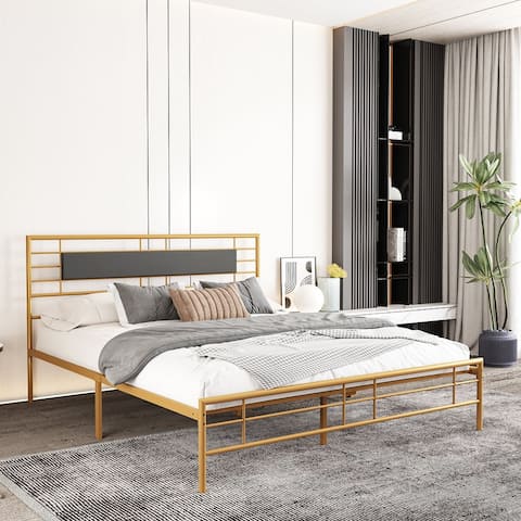 NNV Full Size Platform Metal Bed Frame with Leather Upholstered Headboard