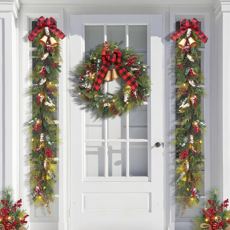 24 Inch Lit Christmas Wreath with Bells & Bow for Front Door, Window, Indoor