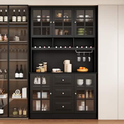 78.9"Large Kitchen Hutch Cabinet Kitchen Pantry Cabinet Bookcase Glass
