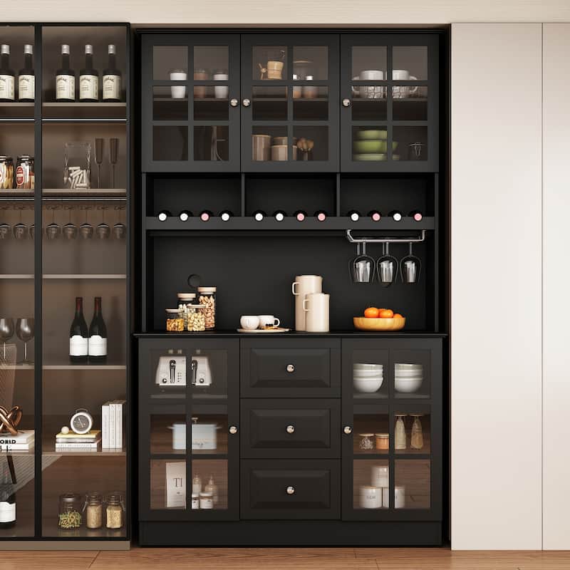 78.9''Pantry Buffet White Buffet with Wine Glass Rack Drawer and Hutch - Black