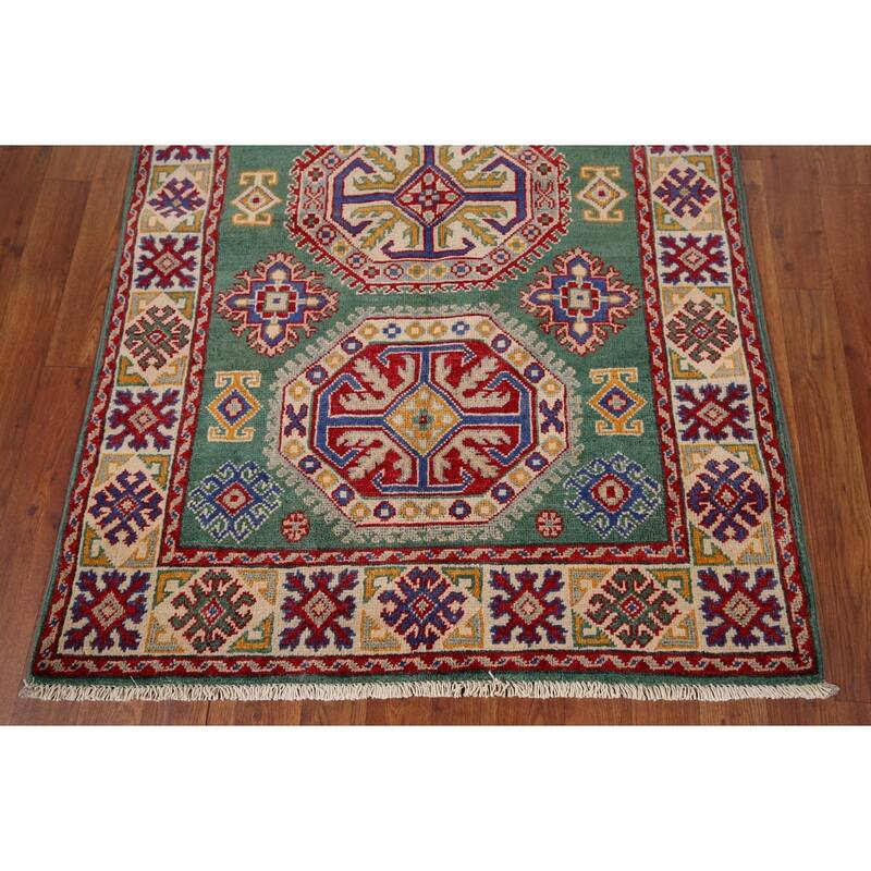 Traditional Green Kazak Accent Rug Hand-Knotted Wool Carpet - 3'5" x 4'11"