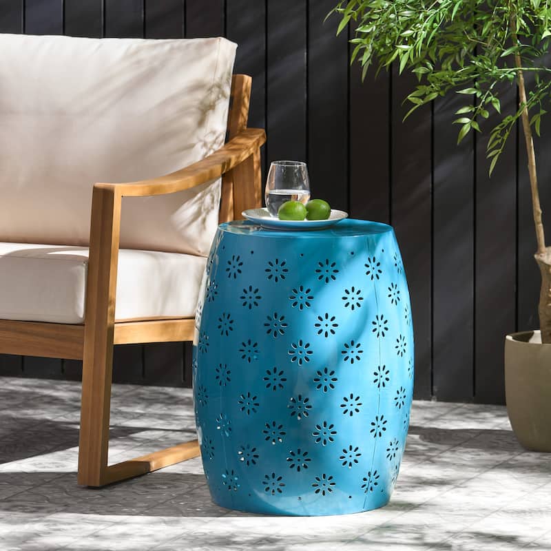 Roomfitters Outdoor Ceramic Garden Stool, 15" Accent Side Table for Patio Balcony or Living Room, Blue