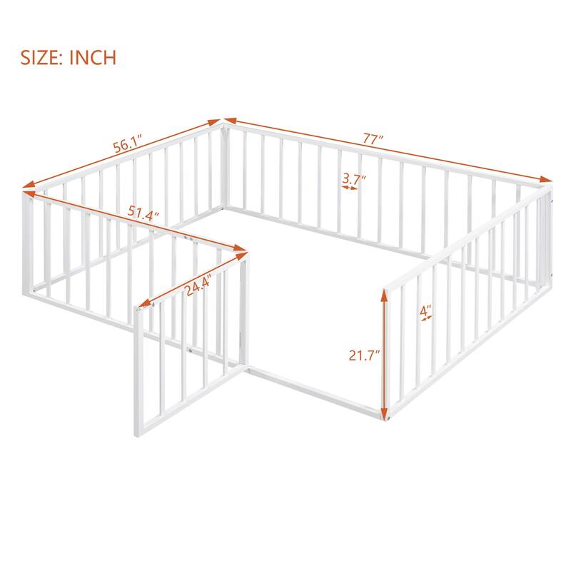 Metal Floor Bed Versatile Kids Bed without Slats, Sturdy Metal Floor Bed Frame with Fence and Door