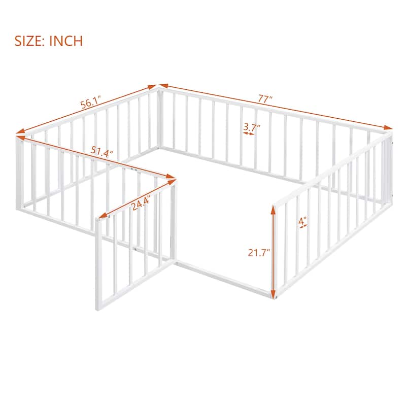 White Full Size Metal Floor Bed Frame with Fence and Door for Kids