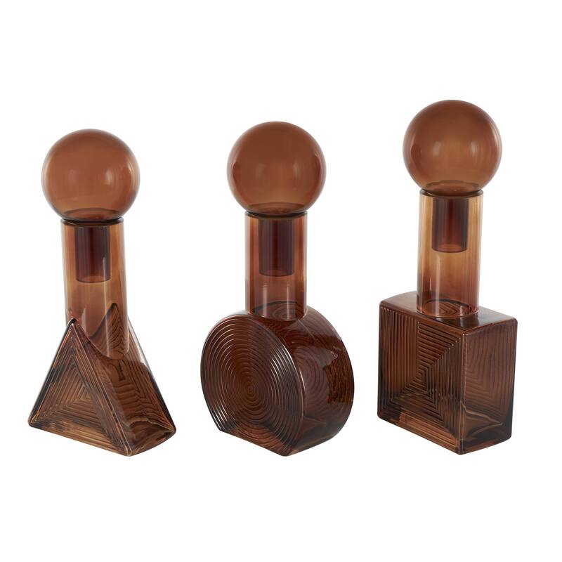 Glass Geometric Shapes Ombre Living Room Decorative Jars with Textured Grooves - Set of 3 Brown - Roche River Decor