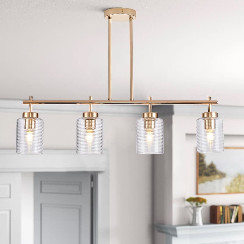 Farmhouse Gold Multi-Bulb Kitchen Island Chandelier with Stripe Clear Glass Shades
