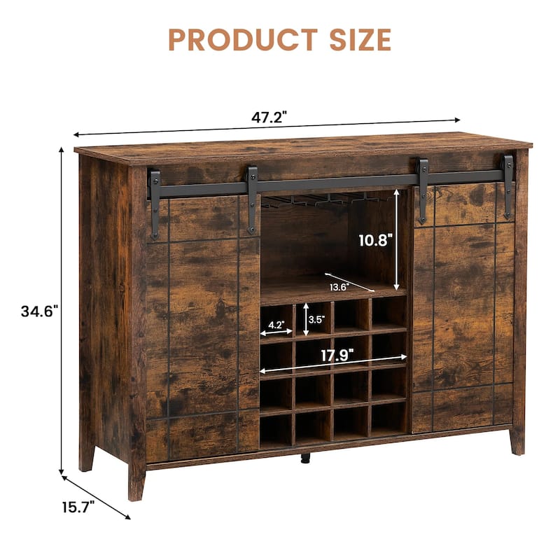 Farmhouse 47'' Wine Bar Cabinet Buffet Sideboard Cabinet with 16 Bottle Wine Rack - 15.7"D x 47.2"W x 34.61"H