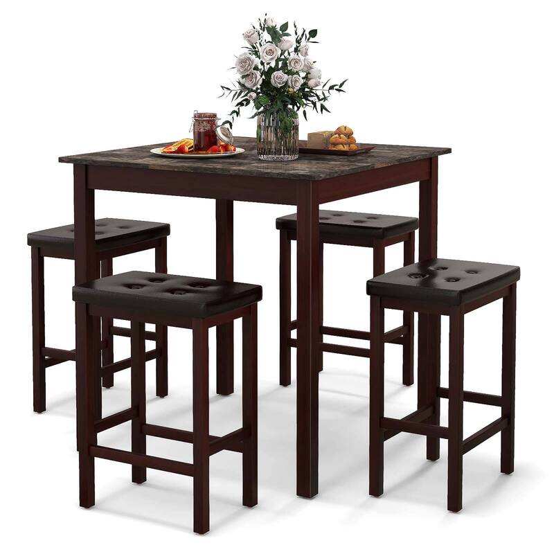 5 PCS Bar Table Set Square Dining Table & 4 PVC Leather Bar Stools - Brown